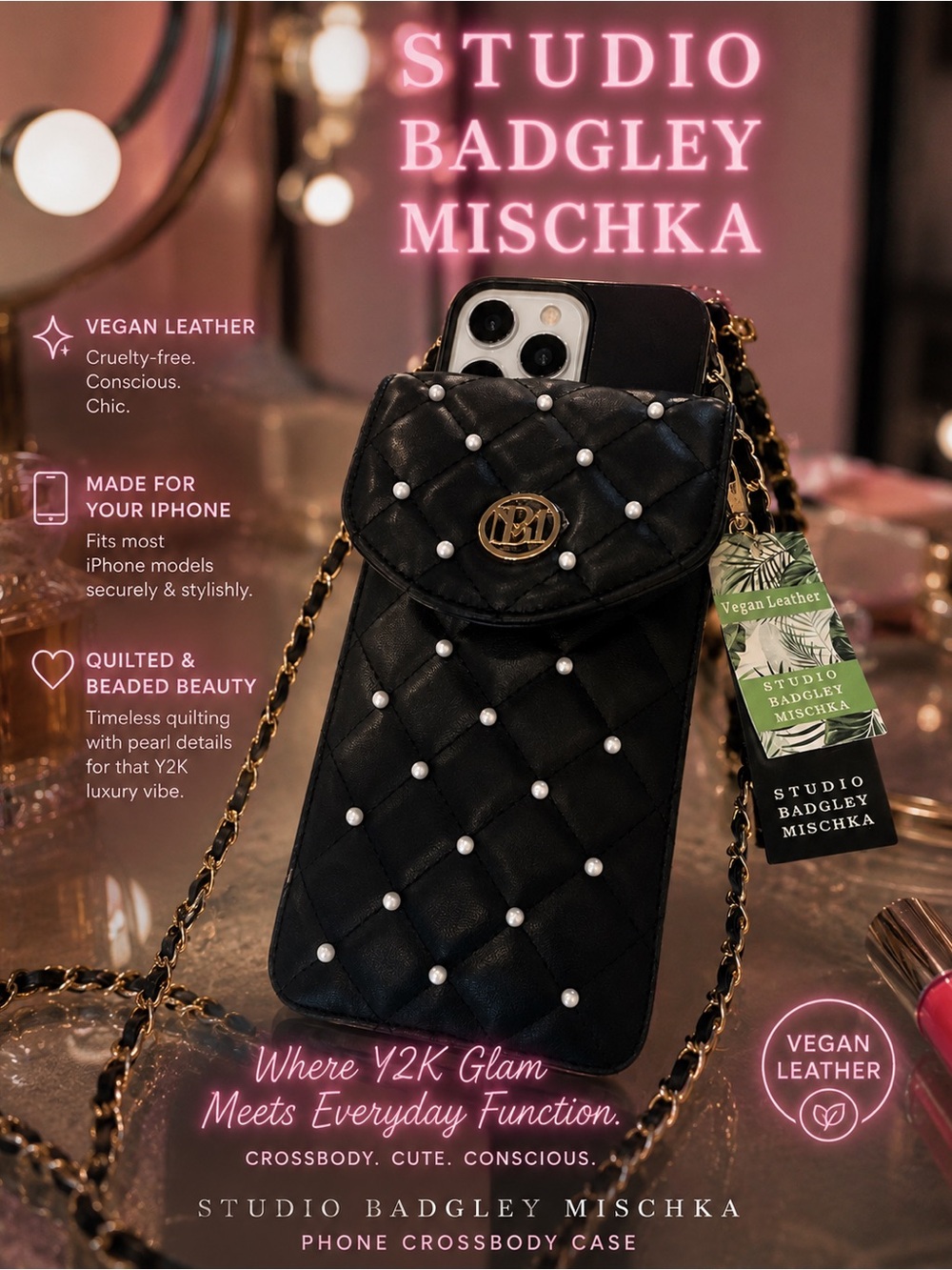 Badgley Mischka Black Quilted Pearl Crossbody Phone Case with Gold Chain